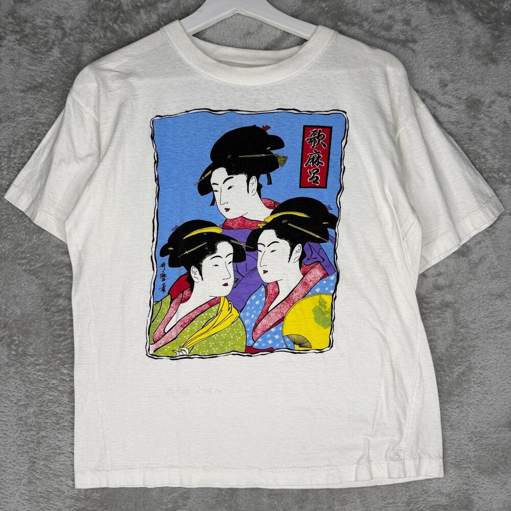 Vtg 80s Geisha Girl T-Shirt Womens Medium White Japan Graphic Single Stitch
